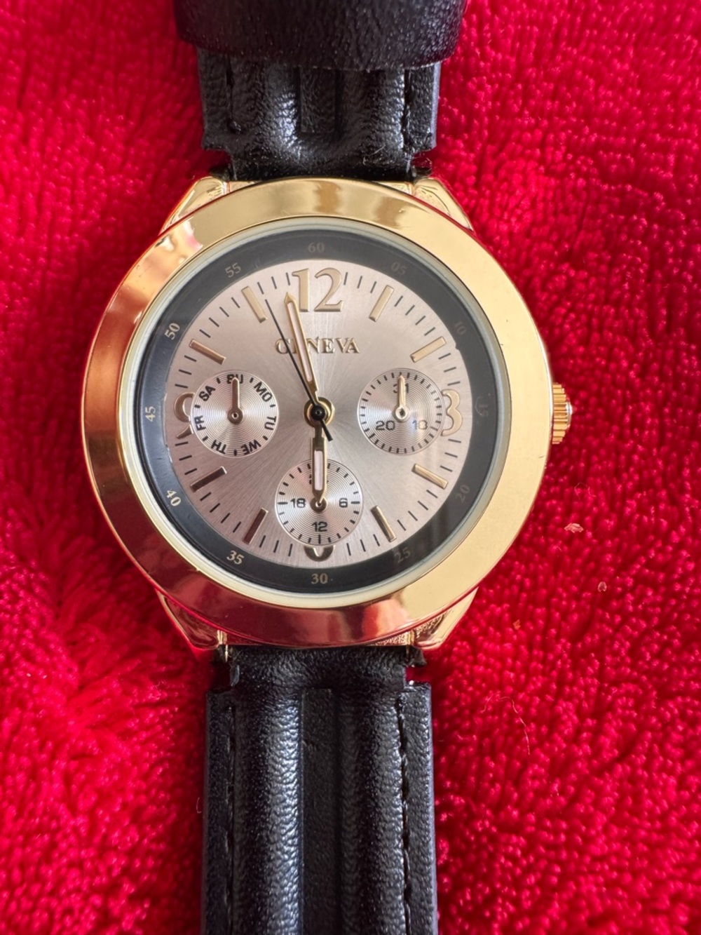 Geneva Gold-Tone Watch with Silver Case Back and Black Strap
